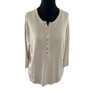 VINTAGE Marc Cain Beige 1 Waffle-Knit Henley Top Cotton Round Neck Long Sleeve
